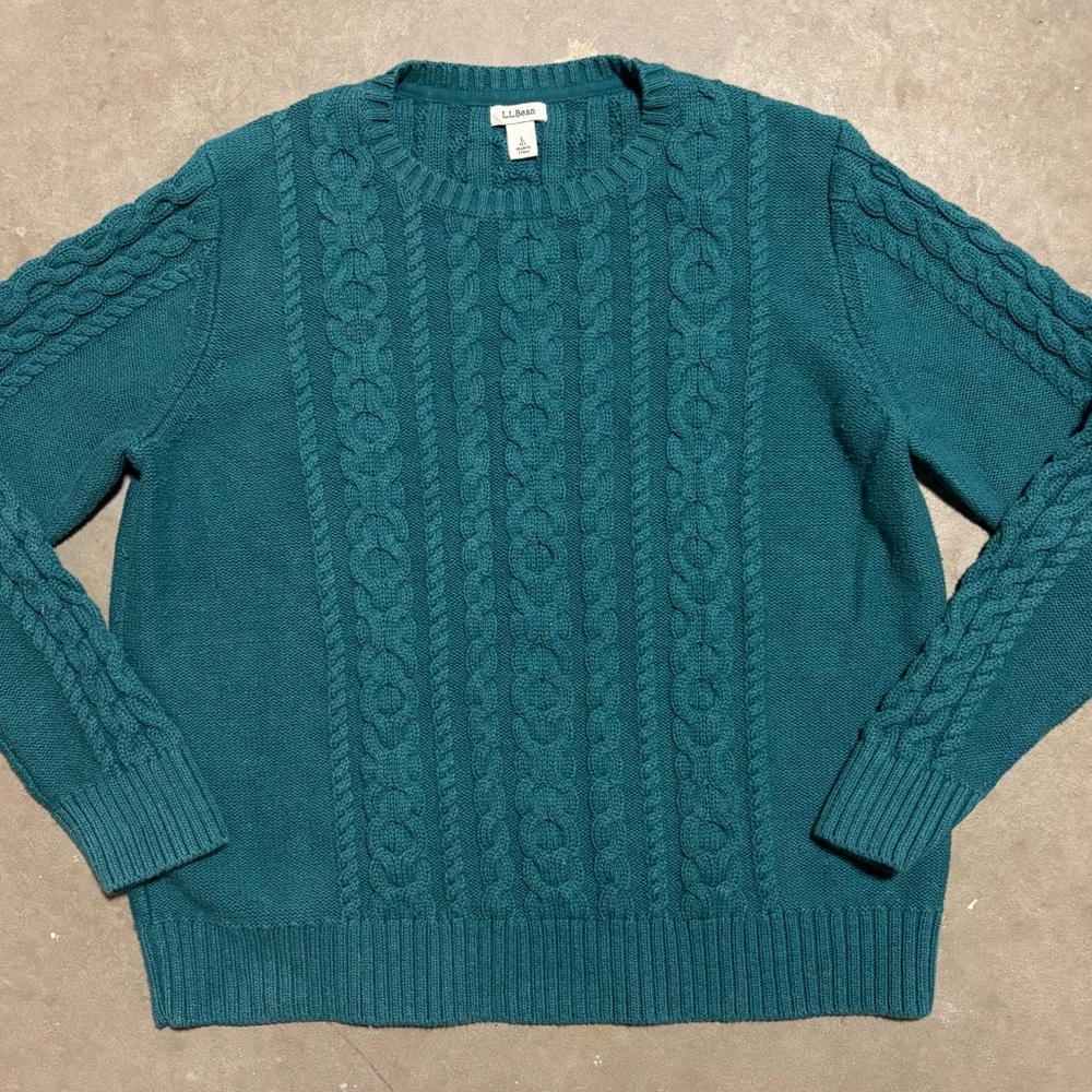 Vintage LL Bean 100% Cotton Cable Knit Sweater Teal Blue Crewneck Ski Lodge